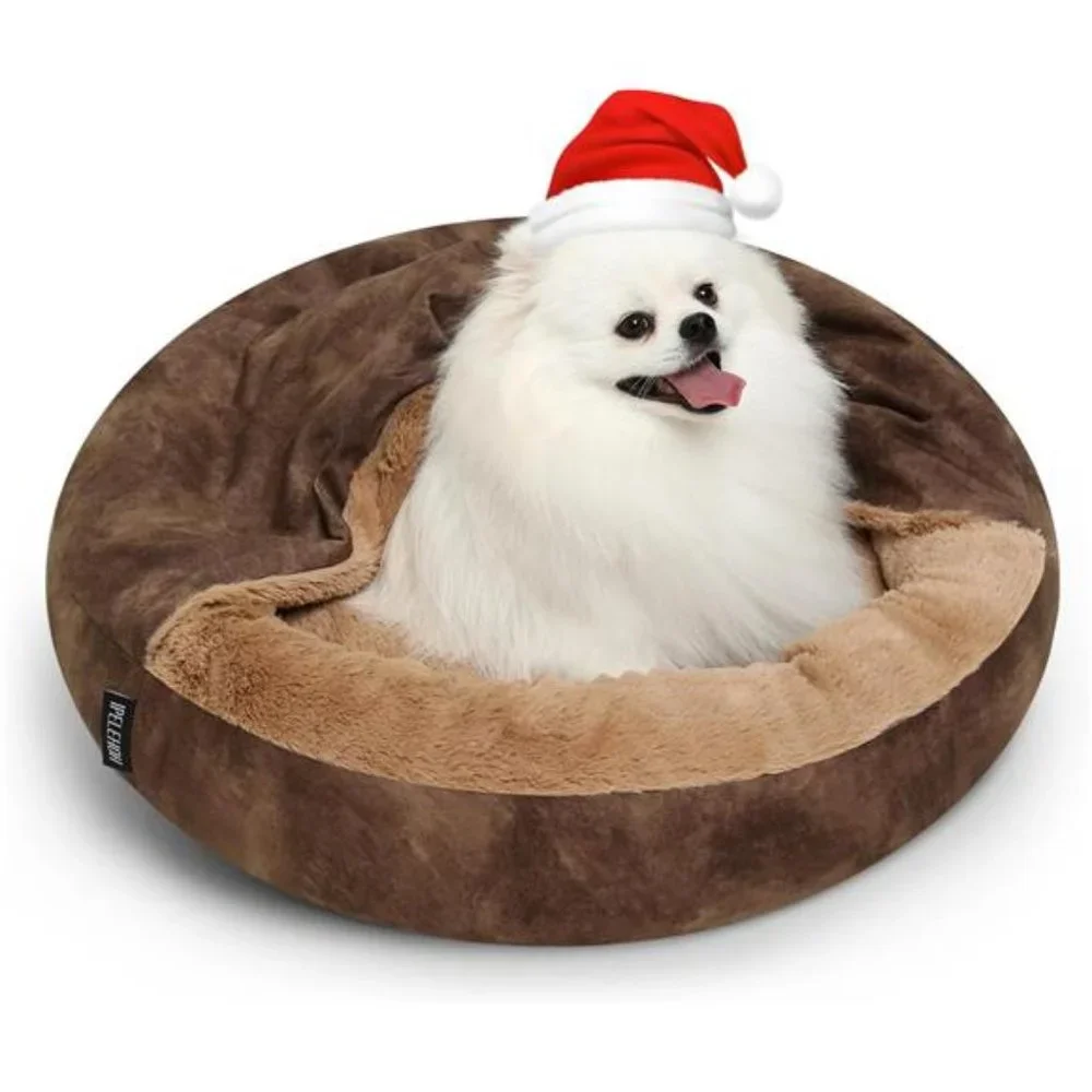 Bed with Cover Cozy Soft Cat Bed Washable Warming Calming Pet Round Bed (Medium)